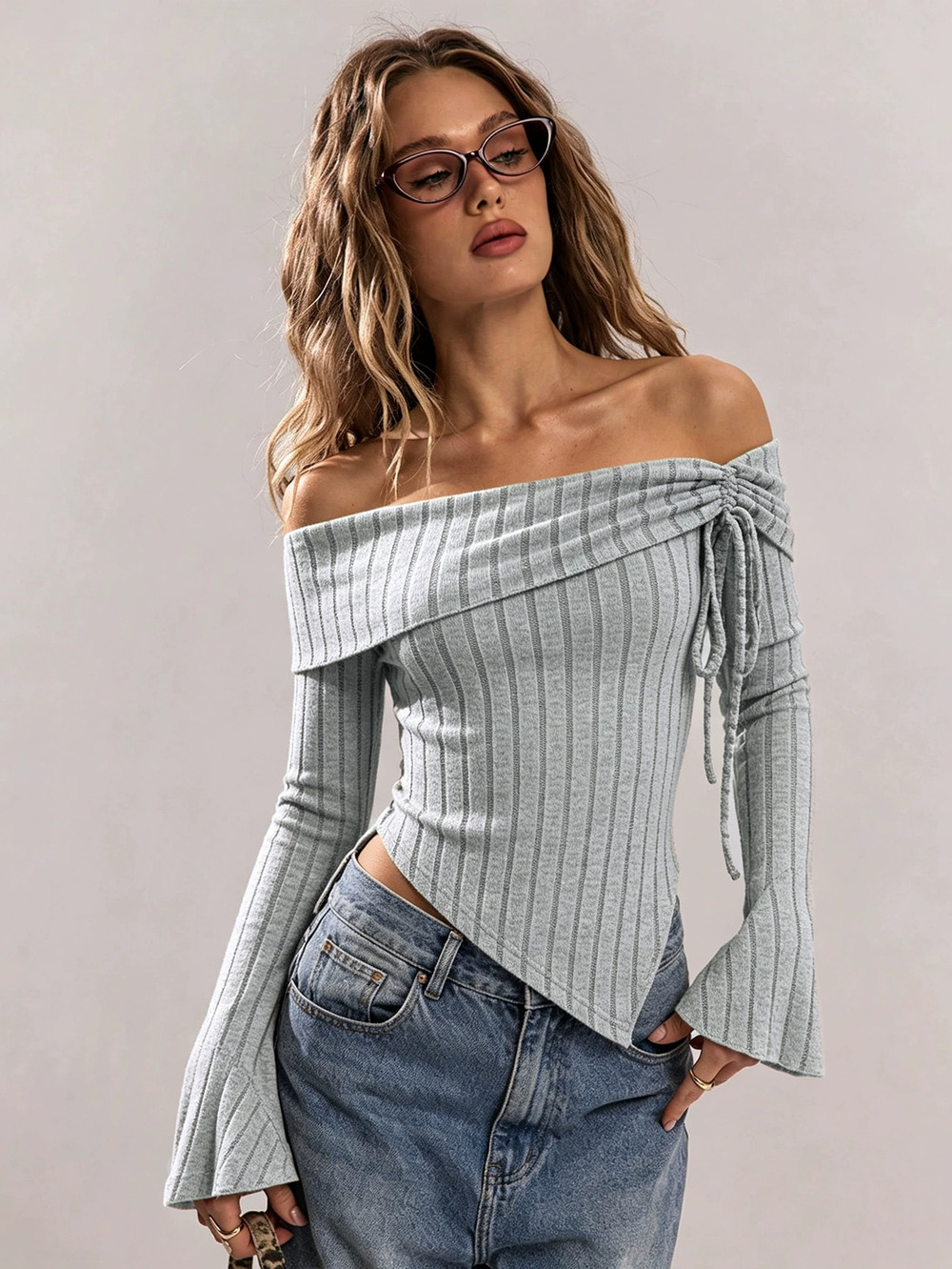 ZARA Off Shoulder Long Sleeve Side Drawstring Asymmetric Hem Flare Sleeve Knit